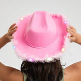 Feather Trim Cowboy Hats with Colorful LED Light Fun Club Party Disco Pink Cowgirl Hat for Women Men-Outfit