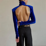 Sexy Rib Velvet High Neck Backless Long Sleeve with Mittens Fingerless