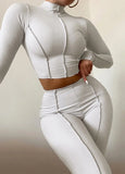 Ribbed Turtleneck Crop Top and Pants 2pc Set 618-1-Outfit
