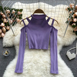 Women Korean Knitted Blouse Design Hollow Off Shoulder Long Sleeve Slim Tops Autumn Fashion Streetwear Short