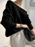 Chic Autumn And Winter French Temperament Word Collar Shoulder Design Loose Leisure Solid Color Long-Sleeved Knitted Sweater