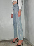 Women's Jeans High Waist Slim White ShinyDiamond Straight Denim Light Blue Pencil Pants 2024 Summer New Fashion 29L2979-Outfit