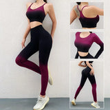 Women's Gradual Gym Set Workout Clothes Athletic Wear Sports Legging Seamless Fitness Bra Crop Top Long Sleeve Fitness