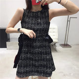 Summer Women Tweed Bandage Dresses for Women Party Sleeveless Bow O-Neck Plaid Elegant Casual Empire Bodycon Short