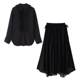 Women's Summer Folding V-Neck Folding Collar Trim With Chiffon Long-Sleeved Shirt Skirt