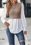 Fake Two Shirts For Women 2023 Casual O-neck Puff Sleeve Wave Blouse Autumn Fashhion Slim Button Top Femme-Outfit