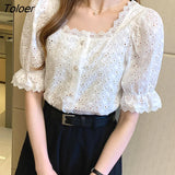 Elegant Summer Short Sleeve Woman Shirts Square Collar Hollow Out White Blouse Women 2023 Korean Lace Shirt Blusas