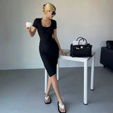 Toloer Women's Wear 2023 Round Neck Short Sleeve Regular Show Thin Wrap Buttock Skirt Slit Hipster Dress Summer-Outfit