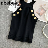 Summer New Hollow Out Womens Tank Tops Thin Knitted Sleeveless Sexy Tops Golden Buttons Camisole Women