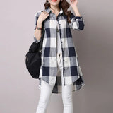 Korean Female Midi Turn-down Collar Plaid Shirt 2023 Fashion Spring Autumn Young Style Single-breasted Long Sleeve Blouse-Outfit