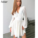 Elegant Jacquard V Neck White Mini Dresses Sexy Lantern Sleeve High Waist Bodycon Dress Black Pleated A Line Dress