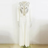 New Fashion Round Neck Heavy Industry Nail Beads Short Jacket Broad Leg Trousers Set Two