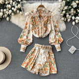 Fashion Spring Runway 2 Piece Sets For Women Turn Down Collar Floral Print Blouse And Shorts Suit Office Lady Outfits