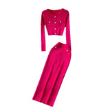 Fragrant High-Sense Metal Buckle Repair Short Long-Sleeved Knitting Top Female High-Waisted Hip Skirt