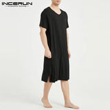 Sleep Robes Short Sleeve Solid Cotton 2021 V Neck Soft Bathrobes Leisure Comfortable Men Nightgown Homewear INCERUN S-3XL