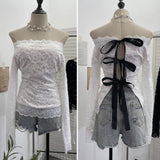 Graffiti-Printed Shoulder-Threin Mesh Long-Sleeved Blouse Side Drawstring Tethered With Slime T-Shirt