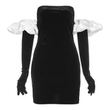 Fashion Strapless Tube Mini Dress Women 2021 Fall Winter Solid High Waist Slim Puff Sleeves Elegant With Gloves Party