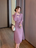 Knitting One Piece Dresses Women Casual Long Sleeve Button Sweater Midi Dress Elegant Female Office Korean 2023