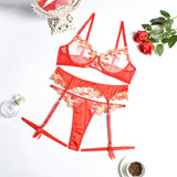 Vintage Flower Bra Sets Lingerie Transparent Push Up Bra Underwire Underwear Women Embroidery Slim Garter Belt Red