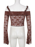 Vintage Solid Ruffles Lace Split T Shirt See Through Sexy Slim Slash Neck Long Butterfly Sleeve Tees Women 2023 Summer-Outfit