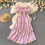 New Fashion Floral Robe Print Long Dress Ruffle Maxi Sundress Bohemian Women Summer Sexy Casual Elegant Strapless