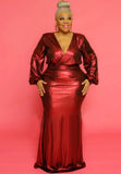 Plus Size Shiny V-neck Puff Sleeve Evening