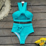 Solid Color Choreette Tied High-Waisted Bikini INS Split Swimsuit Women 2025 New