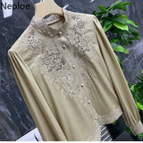Blouses Womens Clothes Tops Vintage Blusas De Mujer Stand Collar Embroidery Blouse Korean Fashion Long Sleeve Shirt 425-0-Outfit