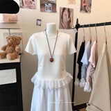 Lace Spliced Under Hem Short Sleeve Lace T-Shirt Summer New Slim White Collar Showing Thin Bottom
