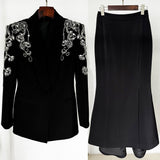 New Star Fashion Heavy Industry Diamond Nail Beads Blazer Open Fork Fishtail Long