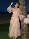 Party 2022 Spring Vintage Midi Dress Women Elegant Princess Lantern Sleeve Floral Fairy Dress Casual Sweet Beach Korean Party