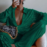 Sparkly Two-piece Set Party Outfits For Womens Sequin Top Blouse Shirt And Pants Suit Female Luxury Evening Tracksuit