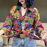 Contrasting Colors Printed Shirt Hong Kong Style Casual Single-breasted Female Clothing Polo-Neck Spring Bandage