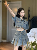 Skirts Outfits Vintage Denim Two Piece Set Women Short Sleeve Crop Tops High Waist Pleated Mini Skirt Suit Y2k