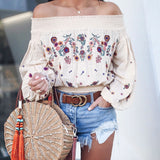 Fashion Boho Style Floral Embroidery Blouses Women Holiday Chic Off Shoulder Pullover Shirts Female Long Sleeve Loose