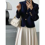 Gold Button Detailed Lapel Button Up Crop Blazer Blue / Khaki Spring Women Short