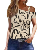 Off Shoulder Print Shirt Blouse Women Casual Chain Sling Short Sleeve Shirts For Women 2023 Office Ladies Elegant Slim Top-Outfit