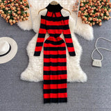 Women Retro Stripe Knitted Dress Sexy Off Shoulder Long Sleeve Slim Dresses Autumn Winter Bodycon Korean Sweater