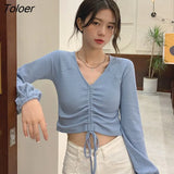 Sleeve T-shirts Women V-neck Shirring Solid Leisure Elegant Cozy Fashion College Sexy Sweet Slim College Ulzzang Crop