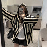 Autumn Winter Striped Sweaters Female Clothing Casual Long Sleeve Korean Loose Stylish Hooded Pockets Knitted Cardigan-Outfit