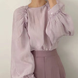 Loose Summer women Tops 2021 Long-sleeved O-neck Temperament Shirt Ruffle Fashion Shirt Casual Solid Color Blouse