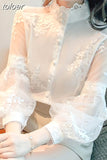 Lace Mesh Shirts Spring White Blouse Stand Collar Lantern Sleeve Tops Flowers Embroidery Women's Clothing Elegant