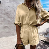 Basic Women Shorts Tracksuit Yellow Solid Girls Sportswear Suit Long Sleeve Shirts Tops And Shorts 2021 Summer