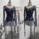 Real Shot One-×Ö Collared Shoulder Long-Sleeved Mesh Printing Top Irregularly Folded Lotus Leaves With Short T-Shirt