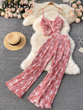 Women Summer Boho Floral Holiday Set V Neck Puff Sleeve Short Tops+High Waist Sexy Split Wide Leg Pants Two Pieces