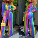 Women Elegant Rainbow Pattern with Belt Straight Deep V Neck Jumpsuit Sexy Jumpsuit-Outfit