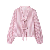 New Fashion Temperament Bow Striped House Silk Lining Long-Sleeved Shirt