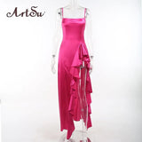 ArtsuWomen Sexy Spaghetti Strap Slit Backless Slim Dress Female Fashion Irregular Ruffle Bodycon Party Dresses