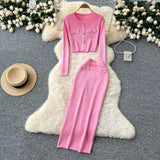 Fragrant High-Sense Metal Buckle Repair Short Long-Sleeved Knitting Top Female High-Waisted Hip Skirt