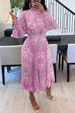 Fashion Pearl Belt Print Folded Lantern Sleeve Sleeve Scash Semi-High Collar